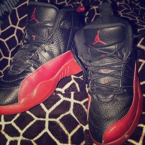 12C boy Jordans 12s black and red